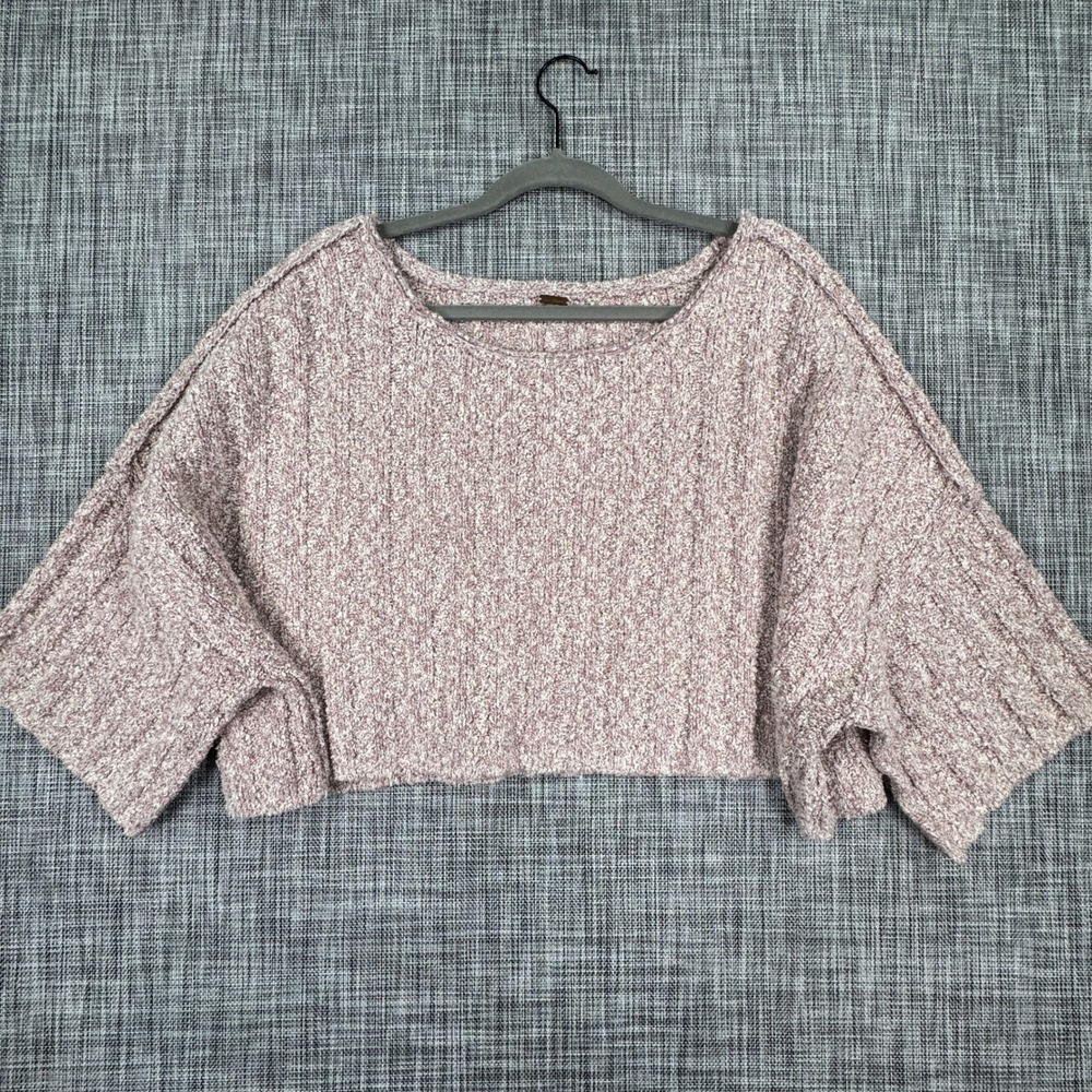Free People Womens Sweater Medium Pink White Boucle Knit Cropped Oversized Boho